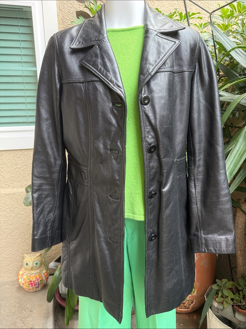 Vintage Wilsons Black Leather Button-Front Women's Coat with Pockets